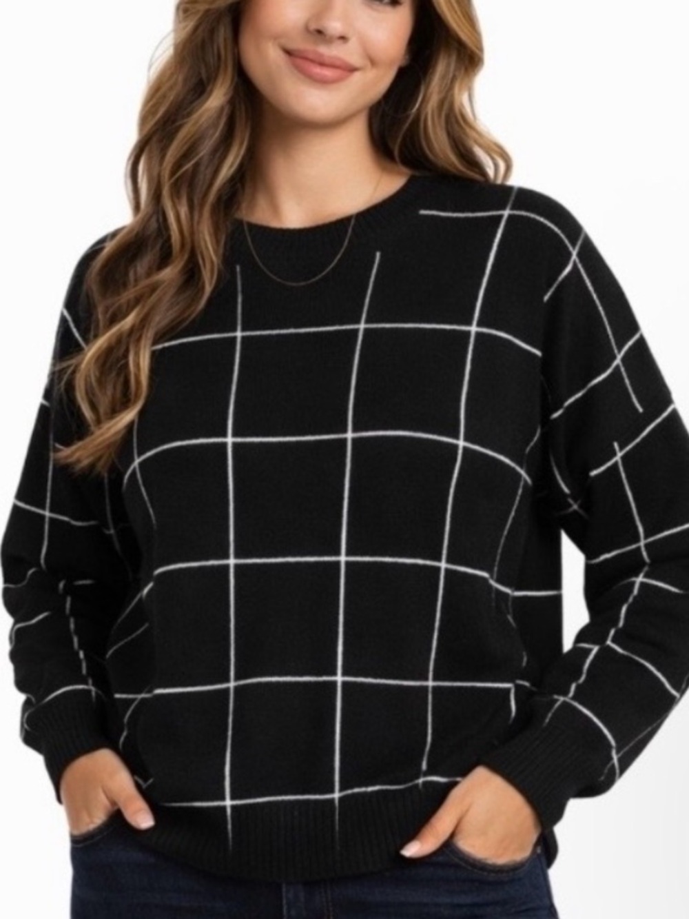 Tahari Black White Crew Sweater Large